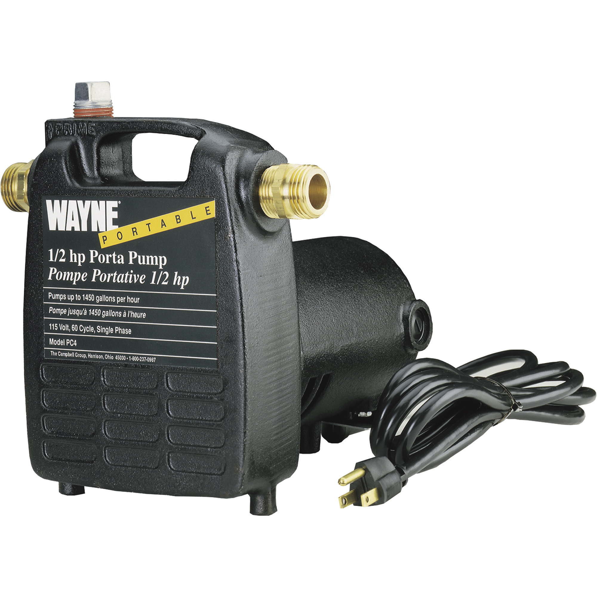 Wayne Cast Iron Portable Transfer Water Pump, 1,450 GPH, 1/2 HP, 3/4in., Model# PC4